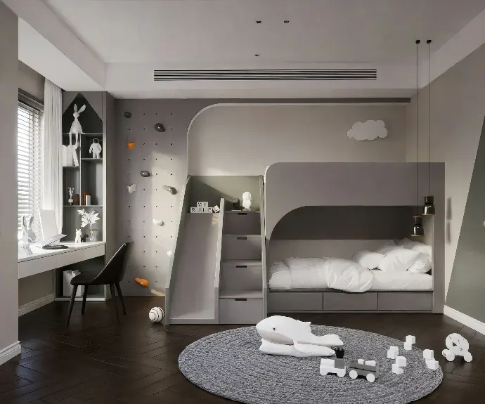 a child's bedroom with a bunk bed and toys on the floor